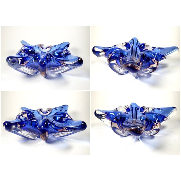 Sanyu Art Glass Decorative Bowl Blue Clear and Pink Heavy Vintage Japanese - Picture 4 of 9